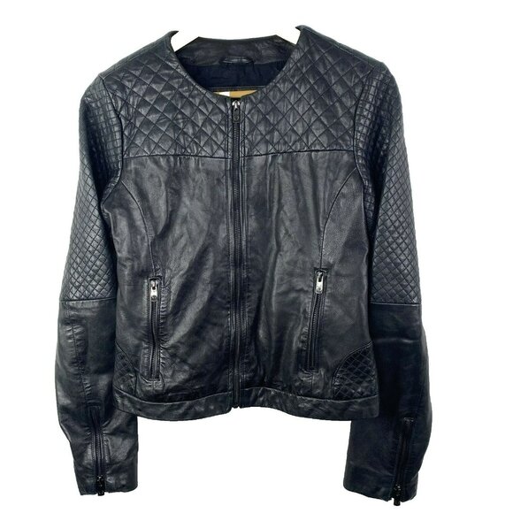 Bod & Christensen Leather Jacket Womens Medium Black Moto Biker Style Quilted - Picture 1 of 7
